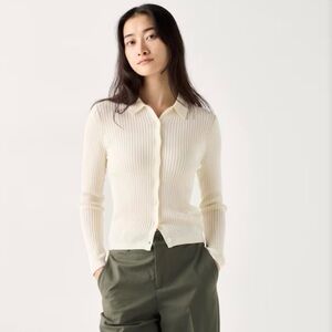 Uniqlo Merino Ribbed Polo Cardigan XS White Button Front